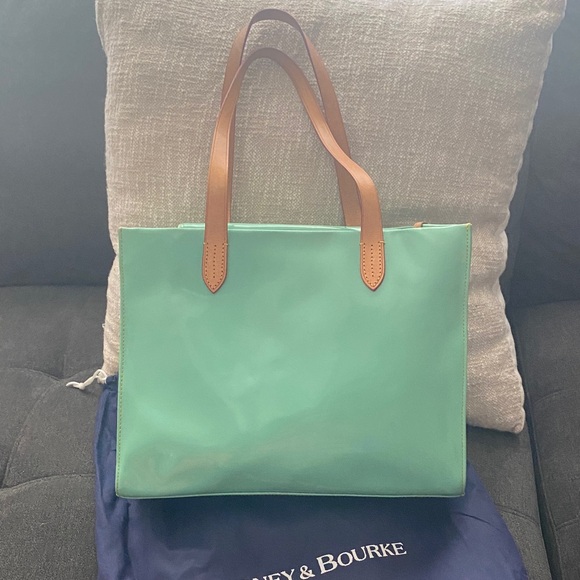 Dooney & Bourke Aqua Patent Leather Tote with Tan Straps - Picture 3 of 13